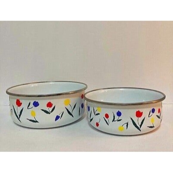 Vintage Kobe Kitchen Enamelware Tulip Tyme Metal Nesting Mixing Bowls Set - Picture 1 of 5